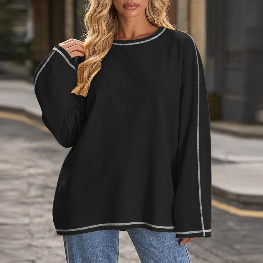 Women's Oversized Color Block Pullover Sweatshirt Long Sleeve Neck Casual Top