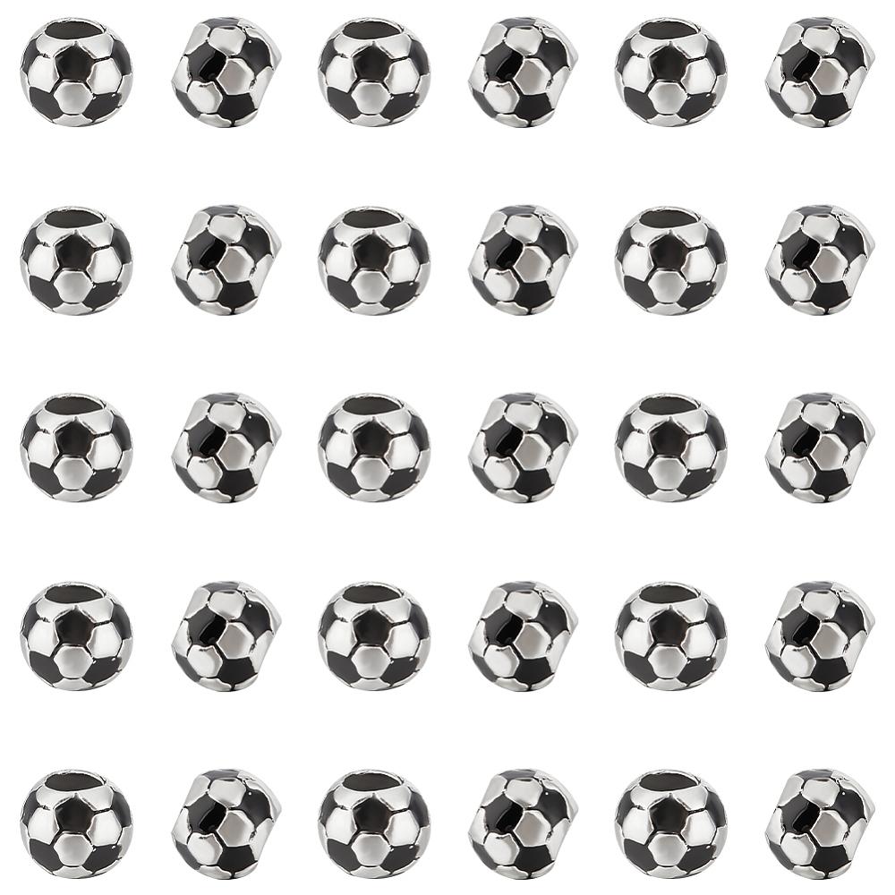 30Pcs Large Hole FootBall/Soccer Ball Alloy Enamel European Beads, Sports Beads, Antique Silver, Black, 9x8mm, Hole: 4.2mm