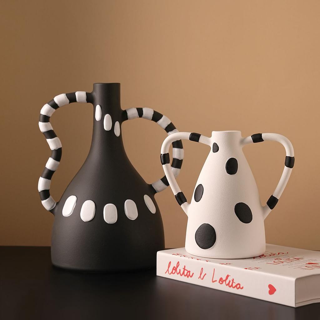 Ceramic Vase Black and White Dots Flower Vase Geometric Stripes Abstract Handle Flower Arrangement Pot Home Decoration
