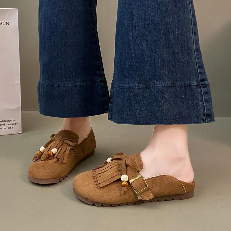 Cow Suede Round Toe Flats Spring/autumn Slip-on Women's Shoes On Sale 2025 New Solid Butterfly-knot Tassel Women's Shoes