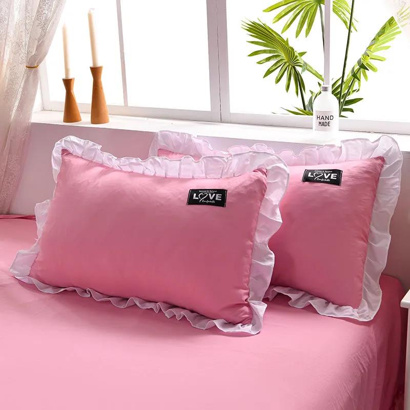 Korean Version of Solid Color Washed Cotton Pillowcase Stitching Lotus Leaf Lace Pillowcase 48*74cm A Pair of Large Pillowcases