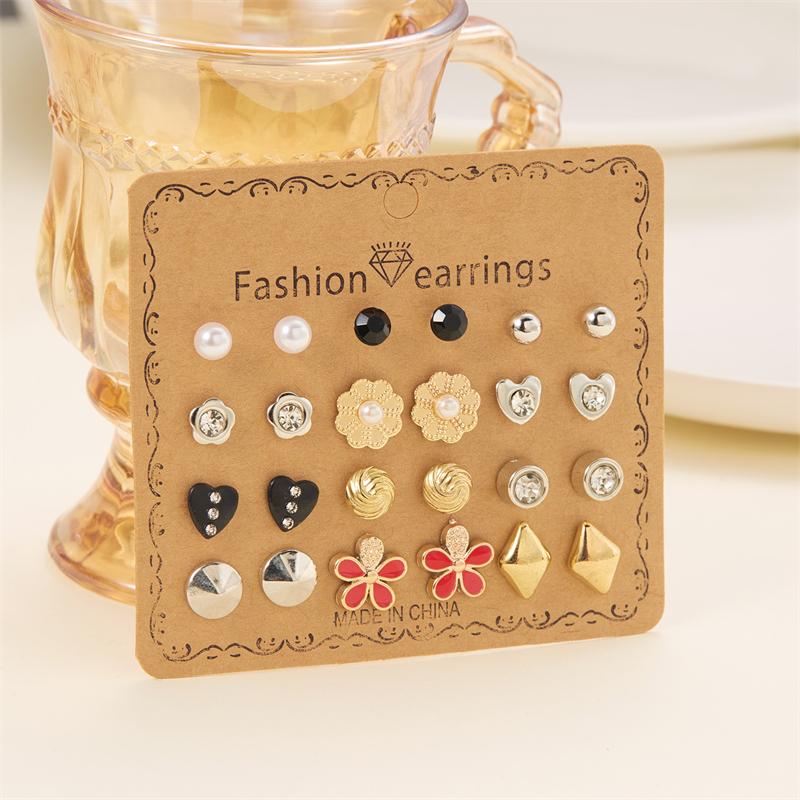 12 Pairs Combination Stud Earrings For Women Girl Moon Star Flower Pearl Zircon Heart Mini Earring Party Personality Jewelry