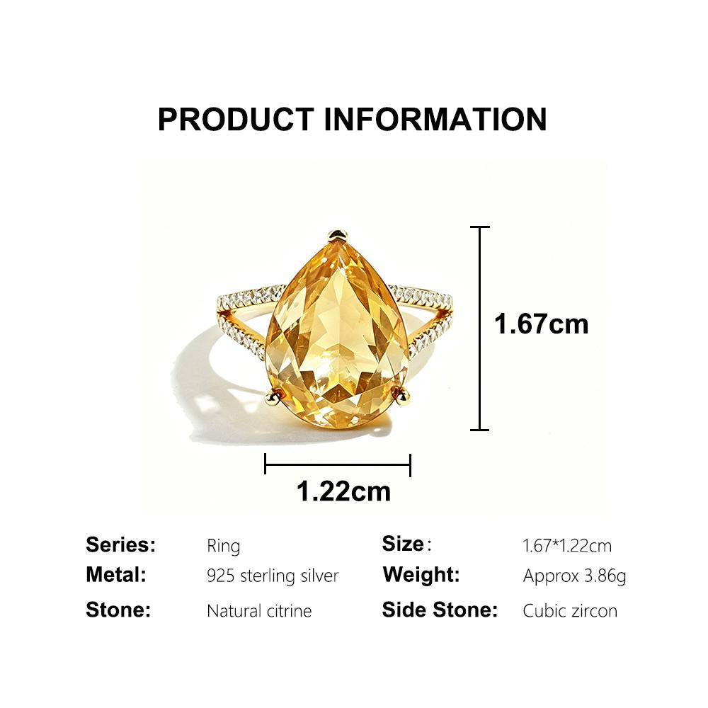 New Big Natural Citrine Ring in 925 Sterling Silver Yellow Gold Color Gemstone Jewelry for Girls Valentines Gift