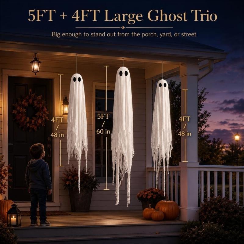 Halloween Hanging Figures Set of 3 with Lighted Design, White Gauze Porch Accent for Entryway Tree Area and Party Home Styling Theme