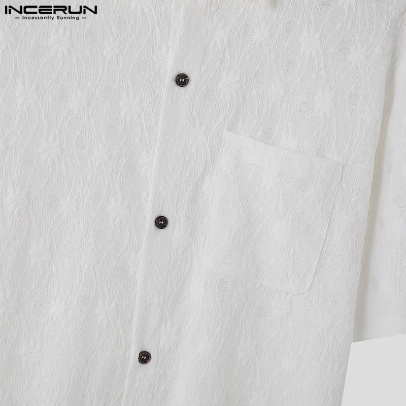 INCERUN Men Floral Short Sleeve See Through Tops Summer Lapel Neck Buttons Texture Shirts