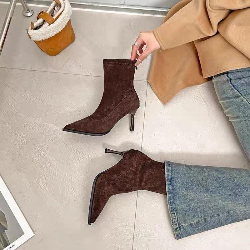 

Elastic Velvet High Heels Booties Women s Autumn Winter Pointed Toe Slim Fit Boots Korean Sle Waterproof Platform Ankle Boots 40 коричневый
