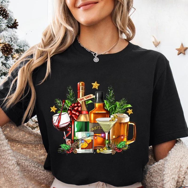 Lumières de Noël Verre à Vin Rouge T-shirt Femme Mode Fête de Noël Tops Harajuku Esthétique Décontractée Hauts de Fête pour Femmes