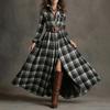 2026 Womens French Chic Midi To Maxi Dress High-Waisted A-Line With Asymmetrical Hem Striped Or Plaid Print Long Sleeve