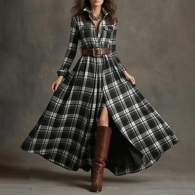 2026 Womens French Chic Midi To Maxi Dress High-Waisted A-Line With Asymmetrical Hem Striped Or Plaid Print Long Sleeve