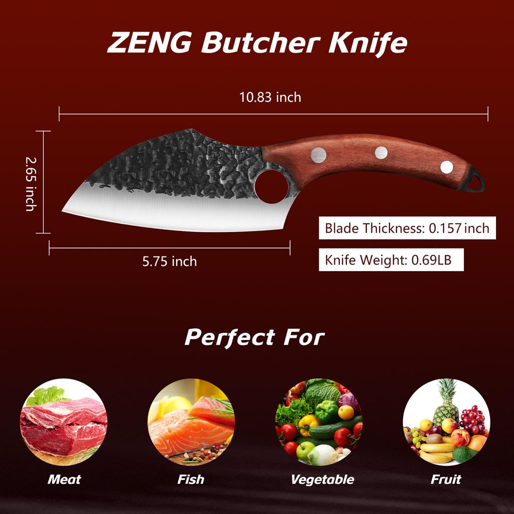 Ultra Sharp Japanese Butcher Knife with Finger Hole Boning Knife Meat Cleaver Stainless Steel Chef Knife Full Tang Wood Handle