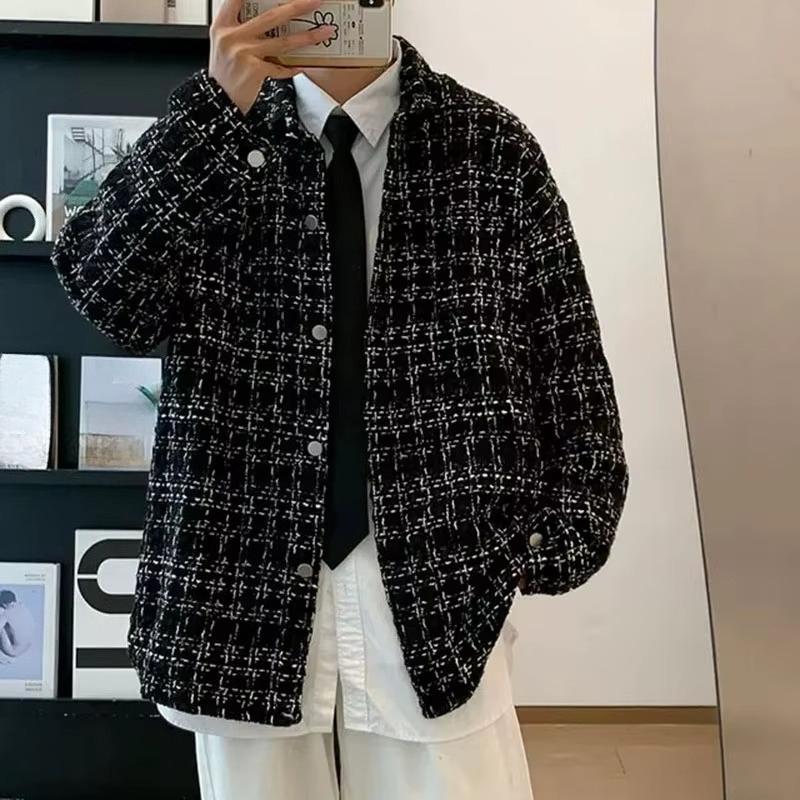 Men's Spring Autumn Winter Woolen Tweed Slim Fit Collarless Jacket Color Blocking Design Youthful Look