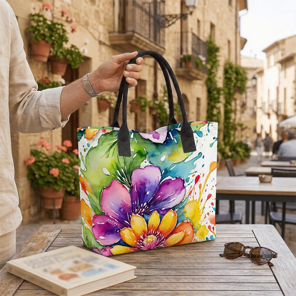 Watercolor Floral Printed Tote Bag Fashion Large Capacity Casual Handbag for Daily Use