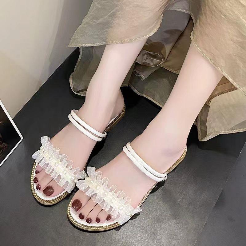 

New Summer Elegant Pearl Casual Thick-soled Slippers Fashionable and Comfortable Round Toe Outside Beach Sandals for Women 35 бежевый