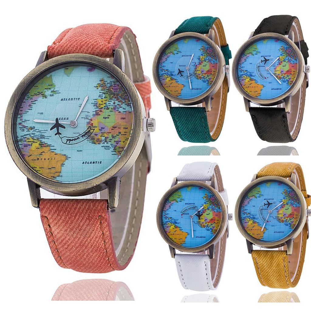 Fashion Retro Belt Quartz Watch Airplane Second Hand Map Watch Unisex