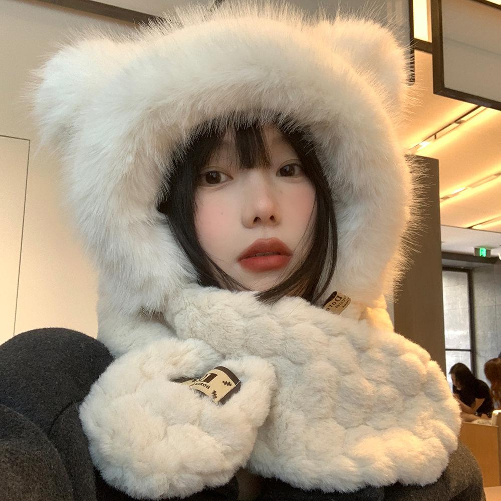 Bear Plush Hat Scarf Integrated Female Autumn and Winter Korean Version Shows a Small and Versatile Face Thickened Warm Ear Protection Lei Feng Hat