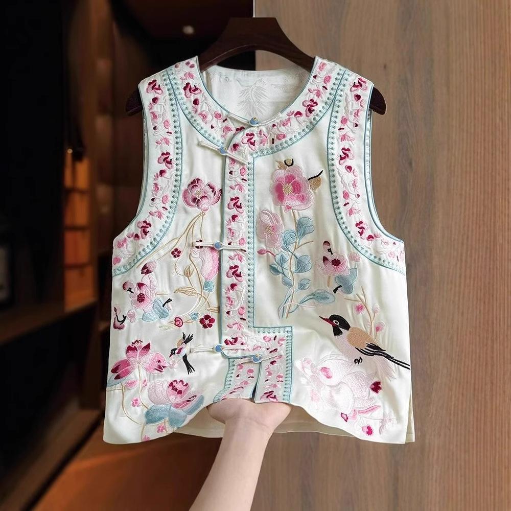 Dámský retro kardigan bez rukávů: Čínský styl s těžkou výšivkou a žabkovým zapínáním - Všestranná jarní/podzimní vesta