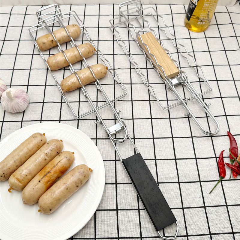 Stainless steel BBQ grill mesh, hot dog sausage grill clip, detachable folding ham sausage grill, outdoor barbecue rack