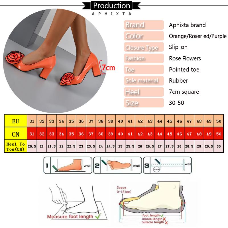 Fashion Aphixta Orange Big Rose Flowers 7cm Square Heels Pumps Women Shoes Students And Adults Pointed Toe Super Big Size 30-50