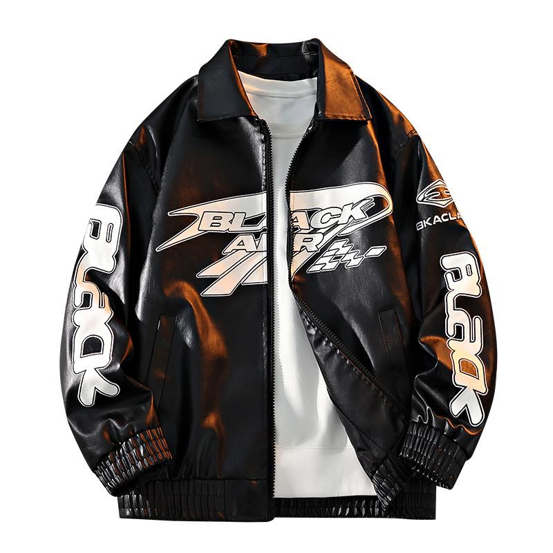 Source men's leather jacket American embroidered stand-up collar jacket men's and women's trendy brand locomotive leather jacket