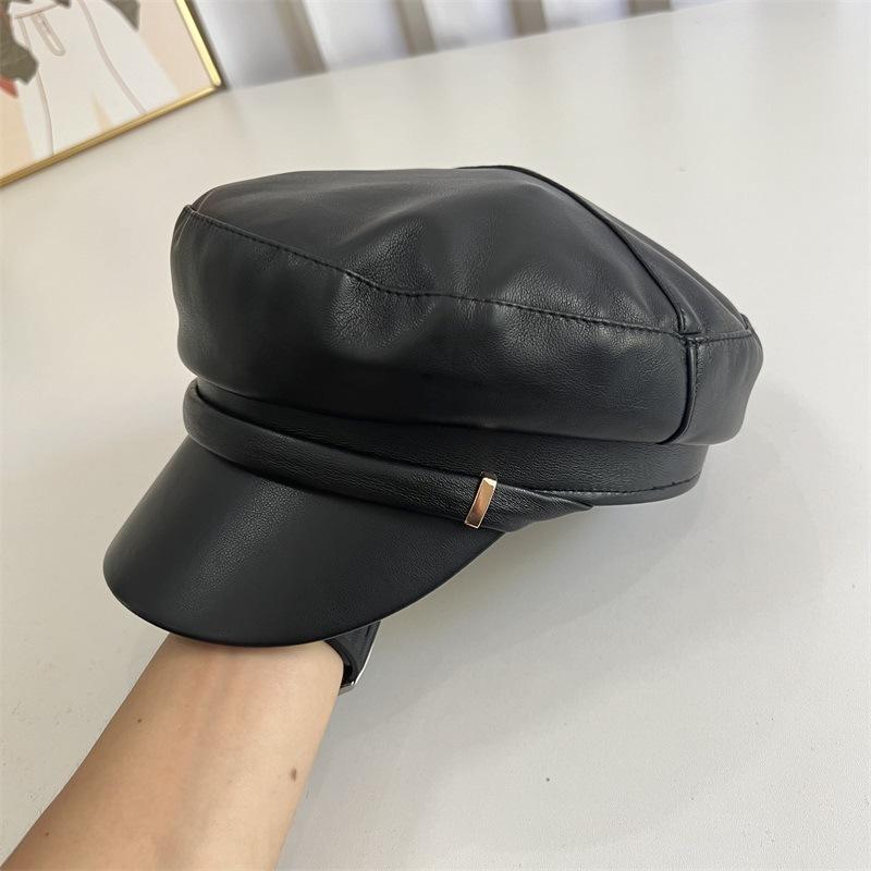 New Retro PU Leather Octagonal Hat Children's Spring and Autumn Literary Temperament Versatile Flat Top Face Small Navy Hat