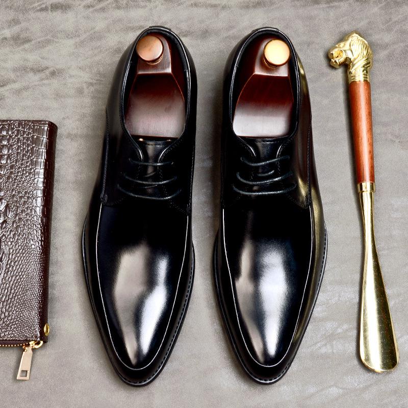 Men'S Leather Business Leather Shoes Lace-Up Low-Top Pointed Wedding Shoes Men'S Formal Single Shoes