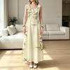 Vintage Bamboo Leaf Print Sleeveless Maxi Dress, Round Neck Loose Flowy Long Dress For Women