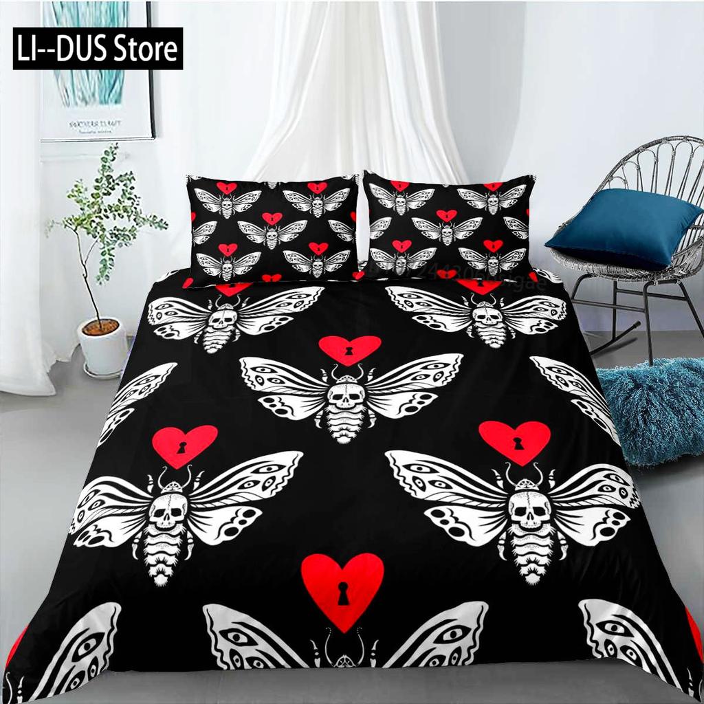 Skull Duvet Cover Set Gothic Death Moth Skull Love Heart Bedding Set For Boy Teen Microfiber Moth Skeleton King Size Quilt Cover