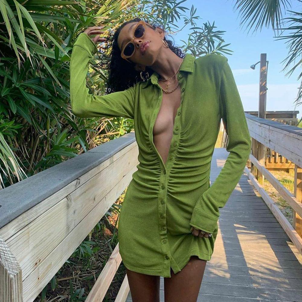 Sexy Mini Slim Dress Women Green Club Party Dress Turn-Down Collar Button Short Dresses Female Elegant Streetwear Shirt