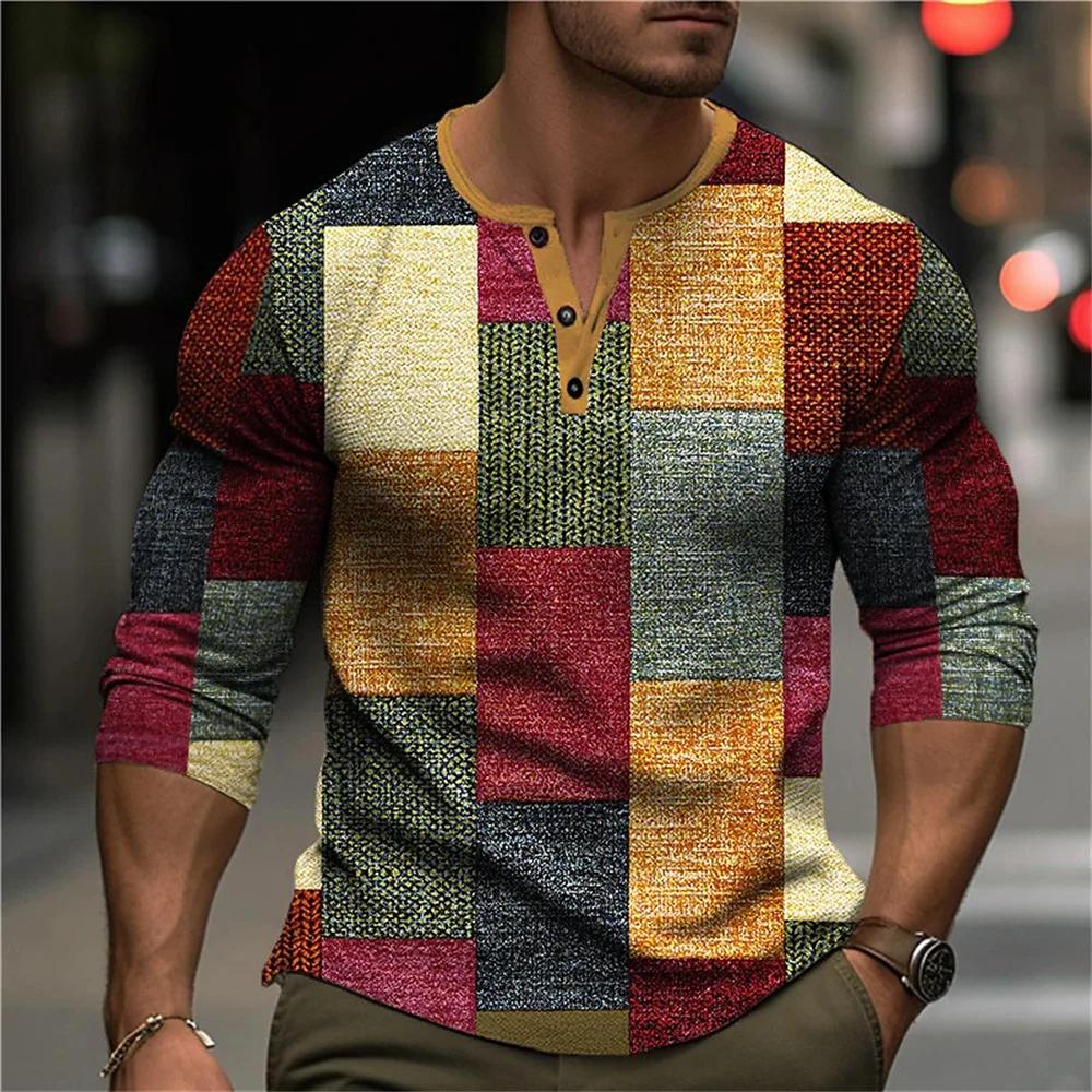 Chemises Henley Patchwork Color Block Automne Impression 3D Mode Homme Vintage Boutonnée Manches Longues T-Shirts Hauts Vêtements pour Homme