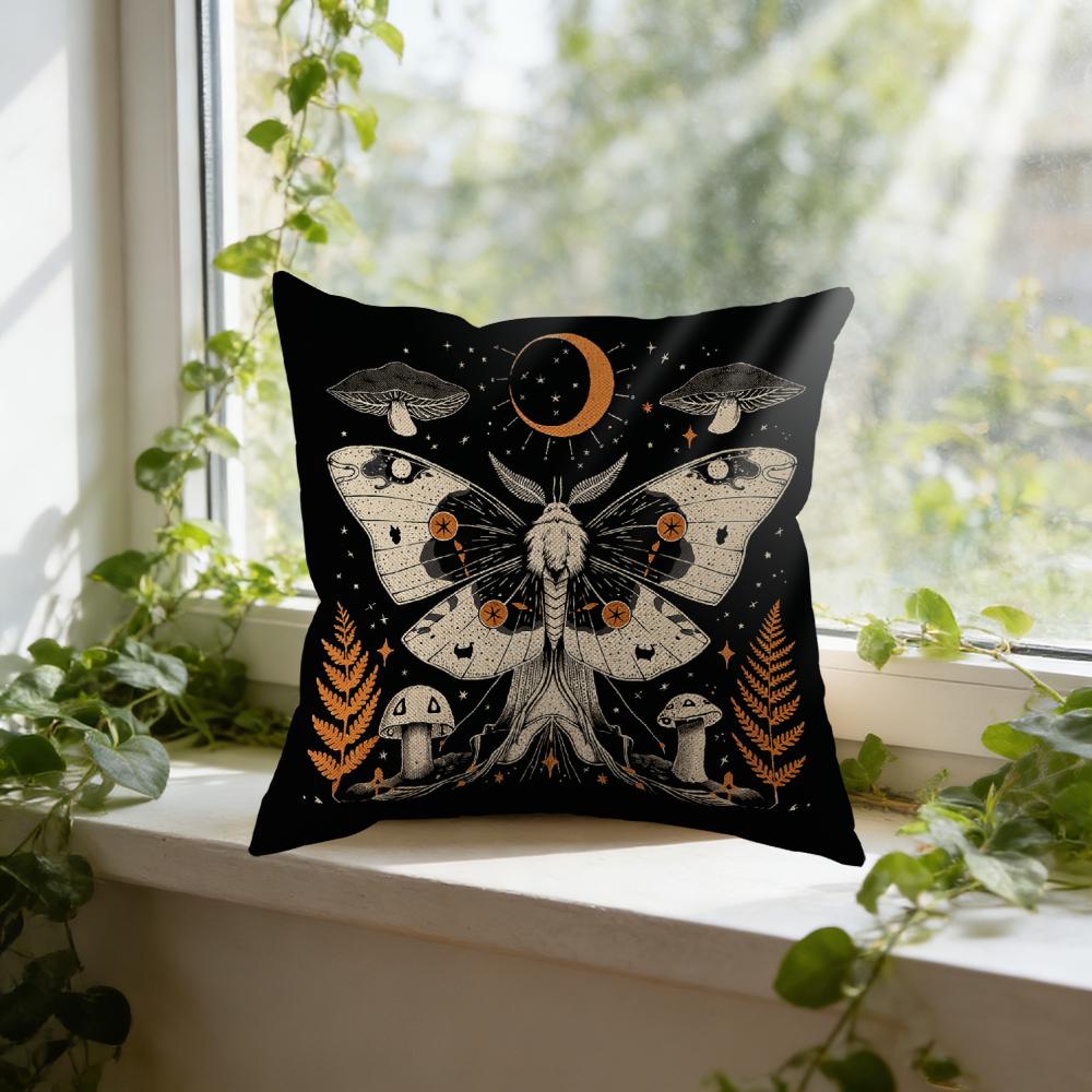 Cushion Cover Black Moth Mushroom Fern And Moon Pattern For Home Decor Bedroom Living Room Window Seat
