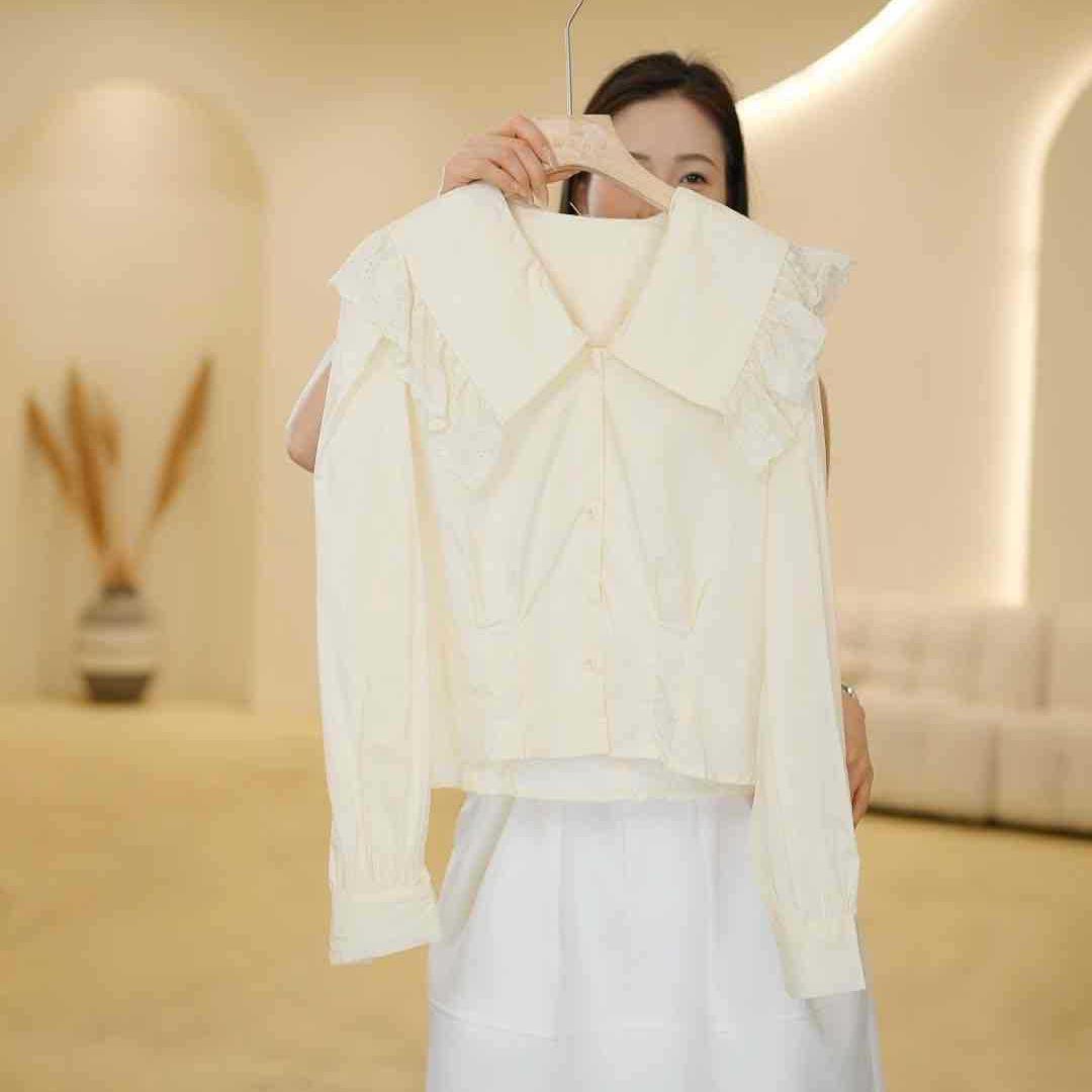 Korean Style Patchwork Lapel Slim Fit Cropped Long Sleeve Shirt One Size бежевый