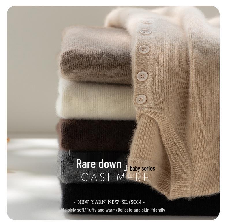 Women's Cashmere Knit Slimming Sweater: French Style, Button-Up, Half-Open Collar, Long Sleeve, Round Neck, Warm Base Layer for Autumn/Winter.