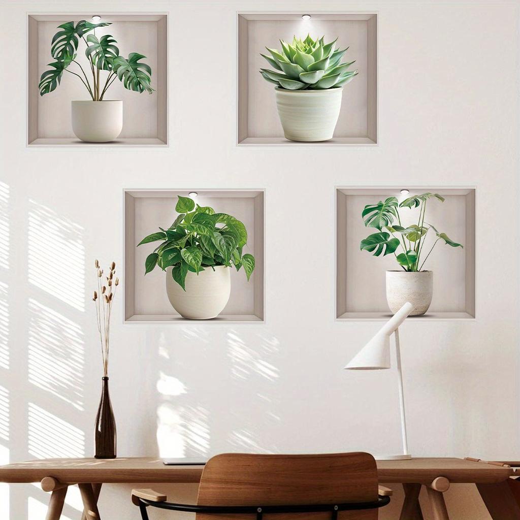 Watercolor Simulation Turtle Back Leaf Cactus Potted Green Plant Wall Stickers for Bedroom Living Room Decoration Wall Decals