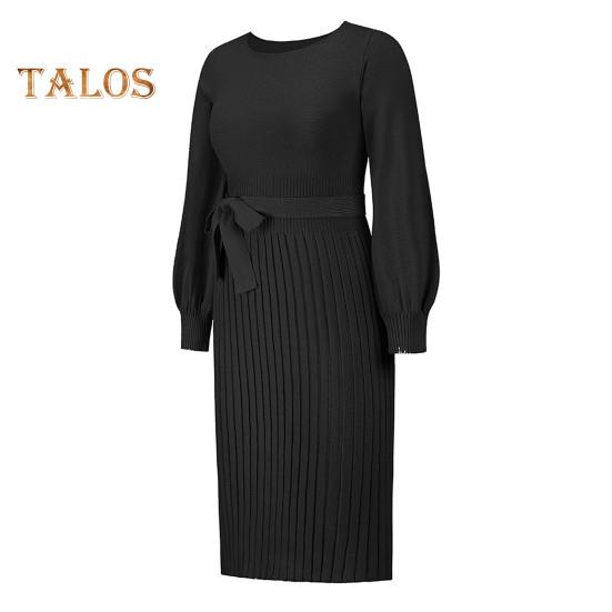Autumn Lady Dress Knitted Round Neck Long Sleeves Slim Fit Pleated Lace-up Tight Waist Mid-calf Length Elastic Solid Color Midi Sweater Dress