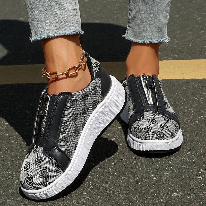 Embroidered Flowers Platform Sneakers Women Front Zipper Thick Sole Vulcanized Shoes Woman Brand Design Fashion Chunky Sneakers