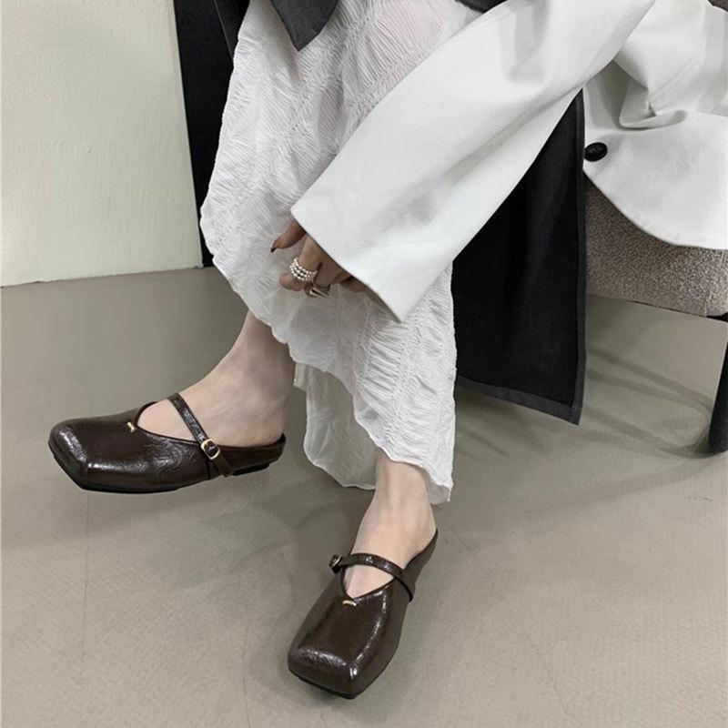 Flat-bottomed Mary Jane bag head half slippers women's outer wear 2025 spring and summer new soft-soled square head shoes sandals