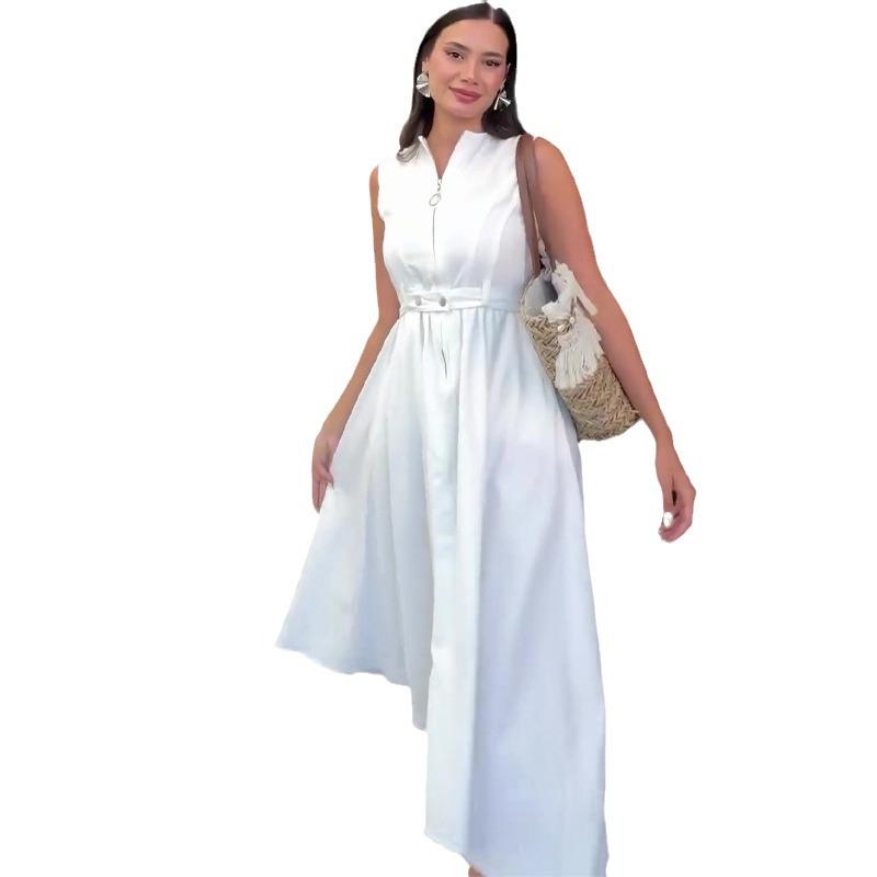 2024 Summer Women's Solid Color Sleeveless Stand-Up Collar Tie Waist Dress