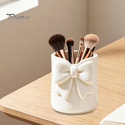 Plastic Makeup Brush Holder Storage Box with Bow Decor, 3D Printed Multifunctional Organizer, Vanity Countertop Organizer Durable Cosmetic Case