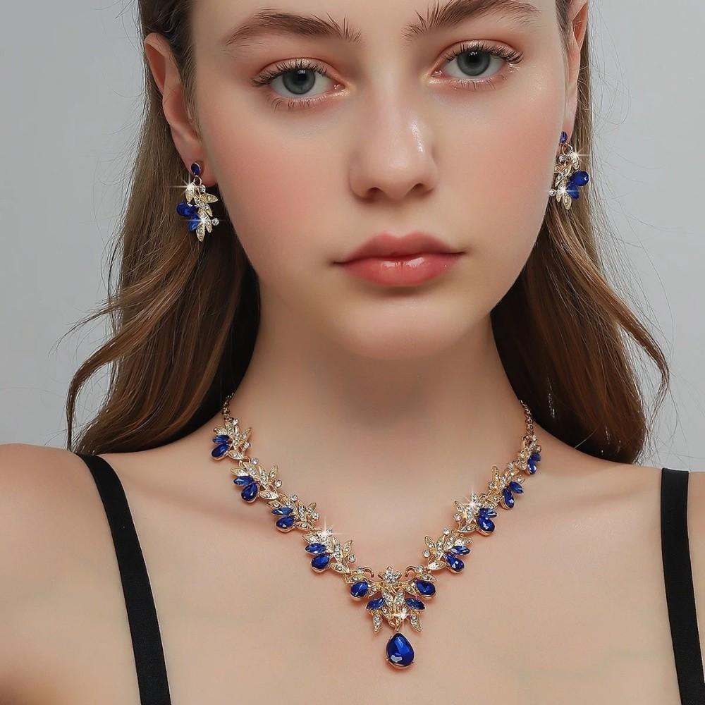 Leaf-shaped Diamond Zircon Necklace Earring Wedding Jewelry Earrings Jewelry Set Ladies' Sparkling Flower Necklace