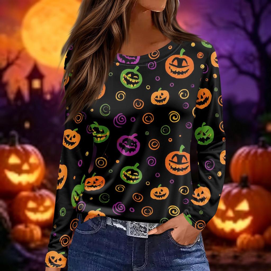Women's Long Sleeve Neck Top with Halloween Print and Side Slit Hem for Party Casual Wear