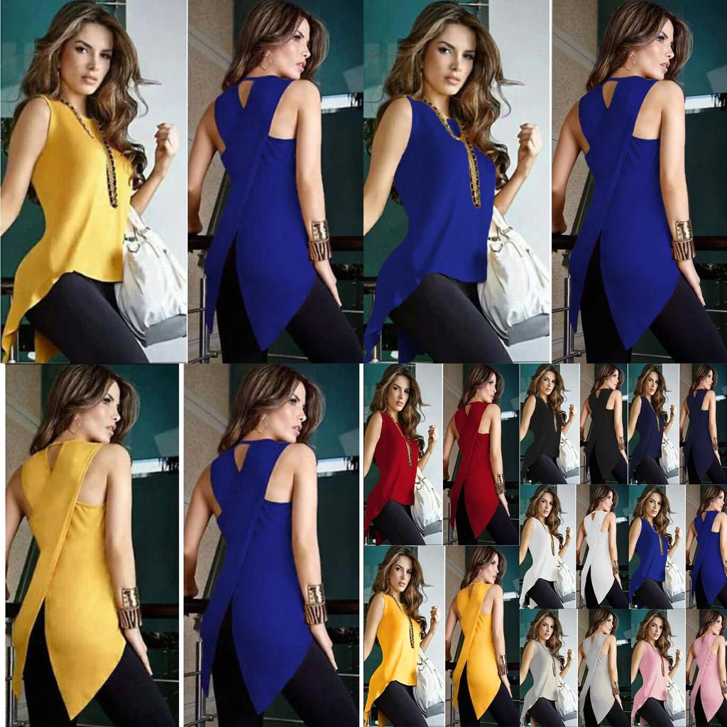 Elegant Women's Summer Loose Top With Unique Cross Irregular Blouse Design Casual Usa T-shirt