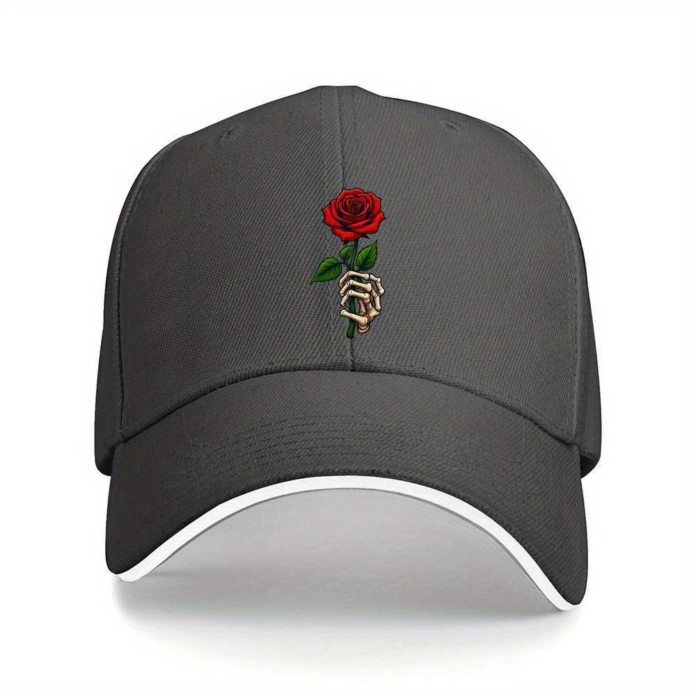 Skeleton Hand Holding Red Rose Baseball Cap Unisex Adjustable Polyester Casual Headwear