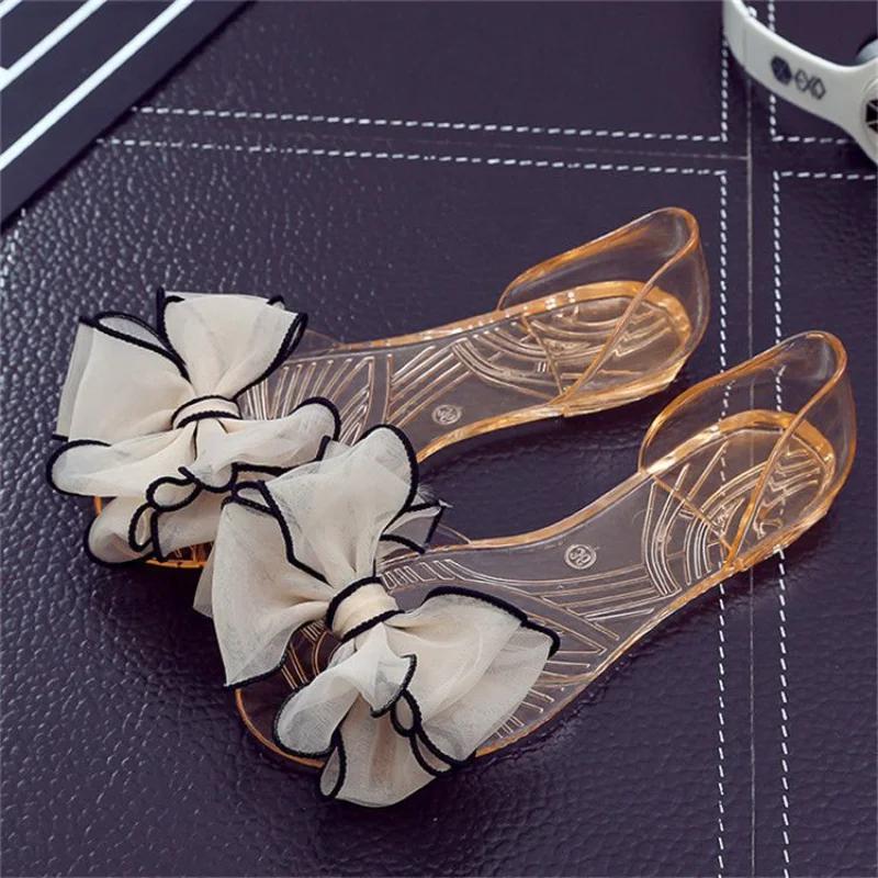 Fashion Women's Shoes No Heel Bow Footwear Transparent Jelly Summer 2024 Beach Sandals for Woman Outdoor Crystal Flat Rubber Trend H Vip
