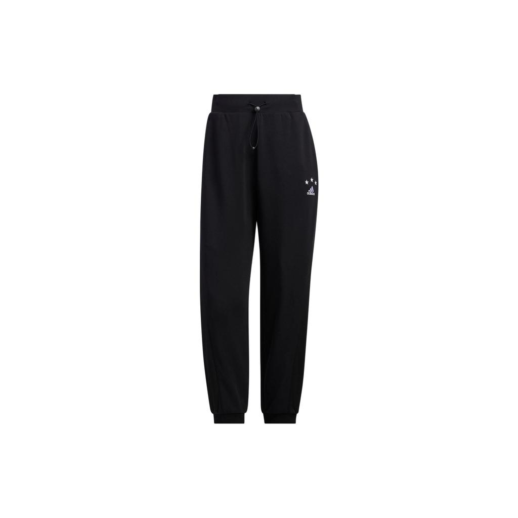 Adidas Logo Print Elastic Waist Tapered Fit Knit Joggers Women Bottoms Black HY2823