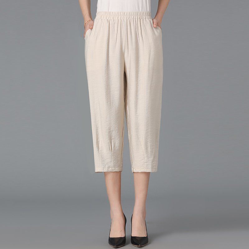 Mom's Summer Cotton-Linen Seven-Point Pants Elastic High-Waist Casual Trousers for Senior Women Linen Trousers