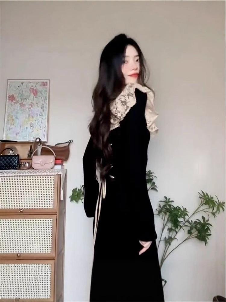 Elegant Hepburn Style French Black Knit Long Sleeve Dress - Women's Autumn 2025 Collection