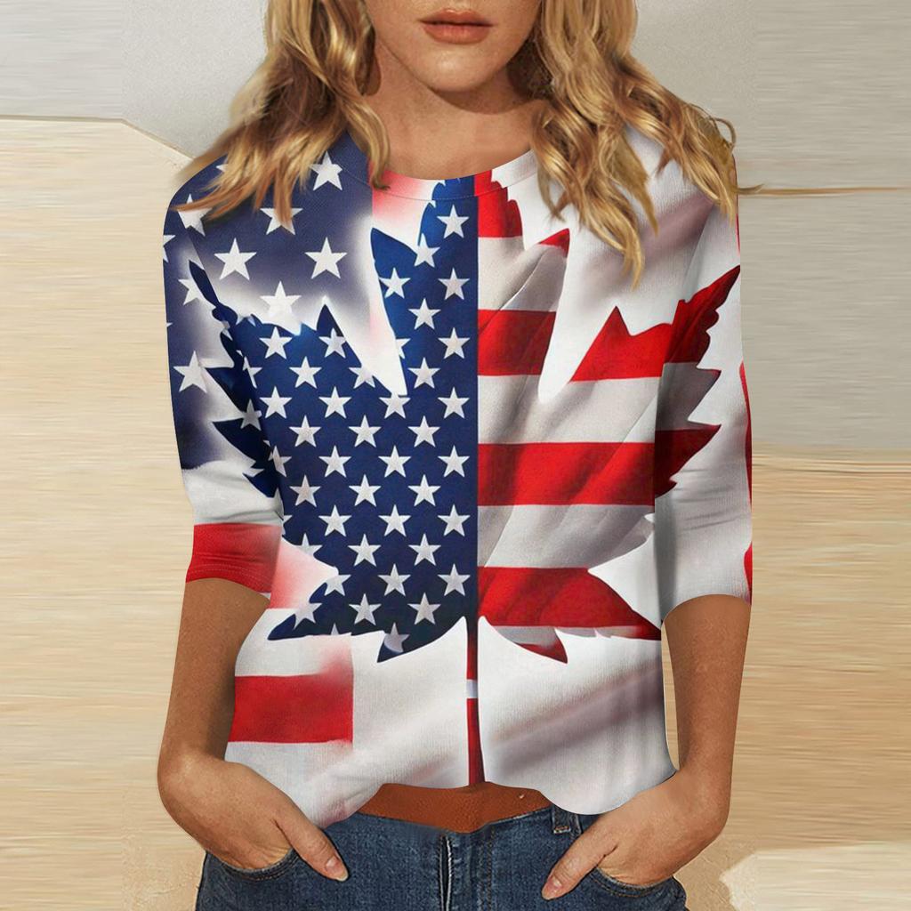 Women's Independence Day Print Round Neck Seven-Eighths Sleeve Top