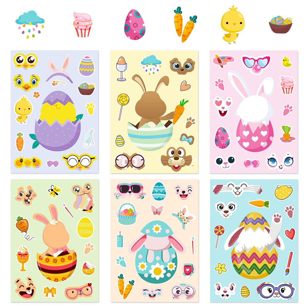 6/12sheets Easter Egg Rabbit Puzzle Stickers Create Your Own Jigsaw Sticker Party Favor Games Cartoon Make a Face Decals