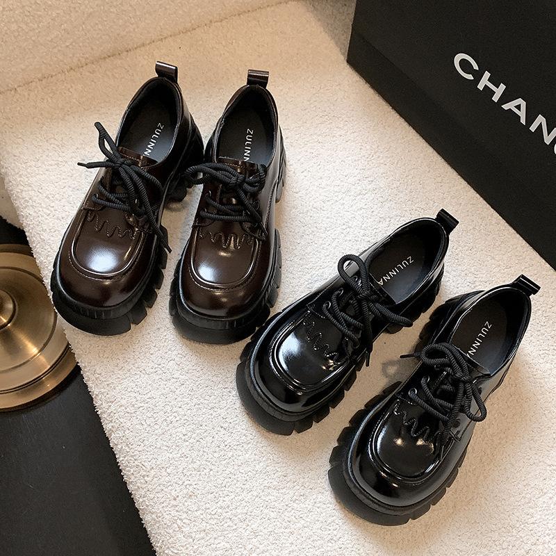 Small leather shoes women's British style new muffin platform women's shoes leather versatile thick heel single shoes increase height