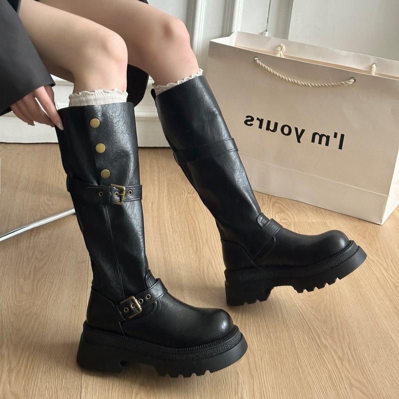 Lange Stiefel Damen Ritterstiefel hoch Herbst und Winter dünne lange Stiefel dicke Sohle 2025 neu retro schwarz dicker Absatz britischer Stil